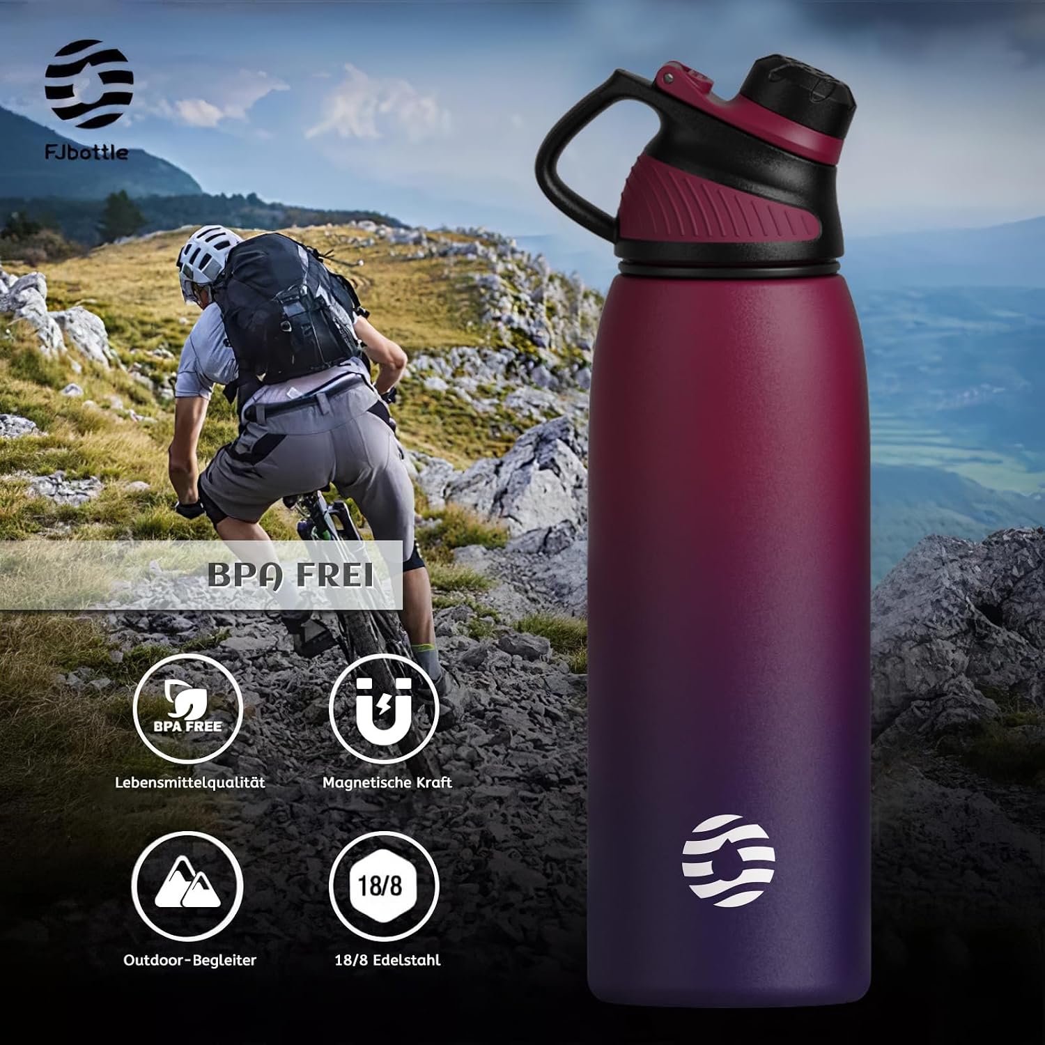 Detalle de FJbottle Edelstahl Sport-Trinkflasche mit magnetischem Deckel (BPA-frei), auslaufsicher – 1.000 ml/800 ml/600 ml/400 ml
