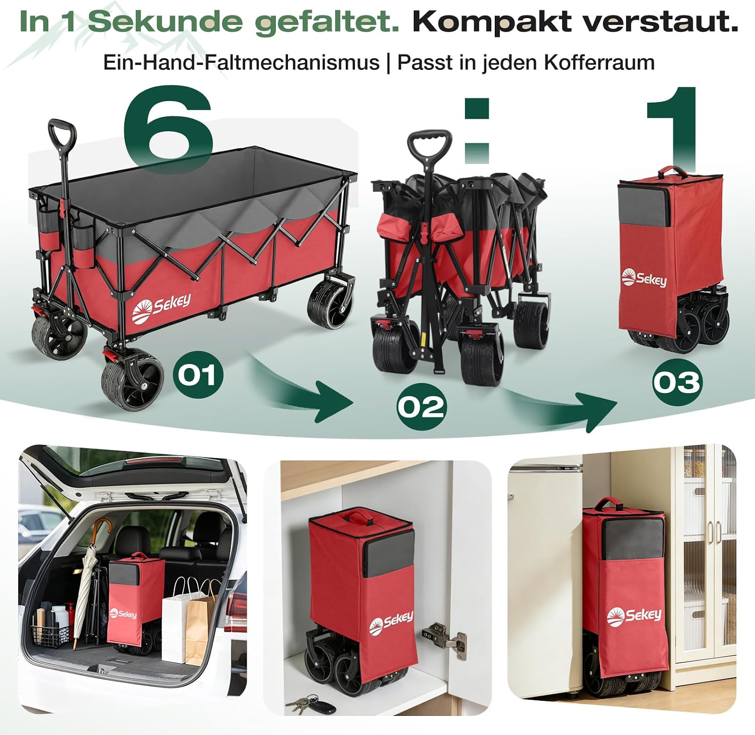Detalle de Sekey XXXL Faltbarer Bollerwagen 300L/200kg – All-Terrain mit Extra Breite, 4-Wege Aufbau, Rot-Grau
