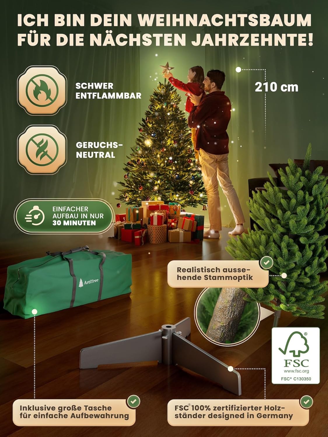 Detalle de ArtiTree künstlicher Weihnachtsbaum Nordfichte (Nordfichte) – 210 cm, FSC-Holzständer & reißfeste Tragetasche (ohne Beleuchtung)