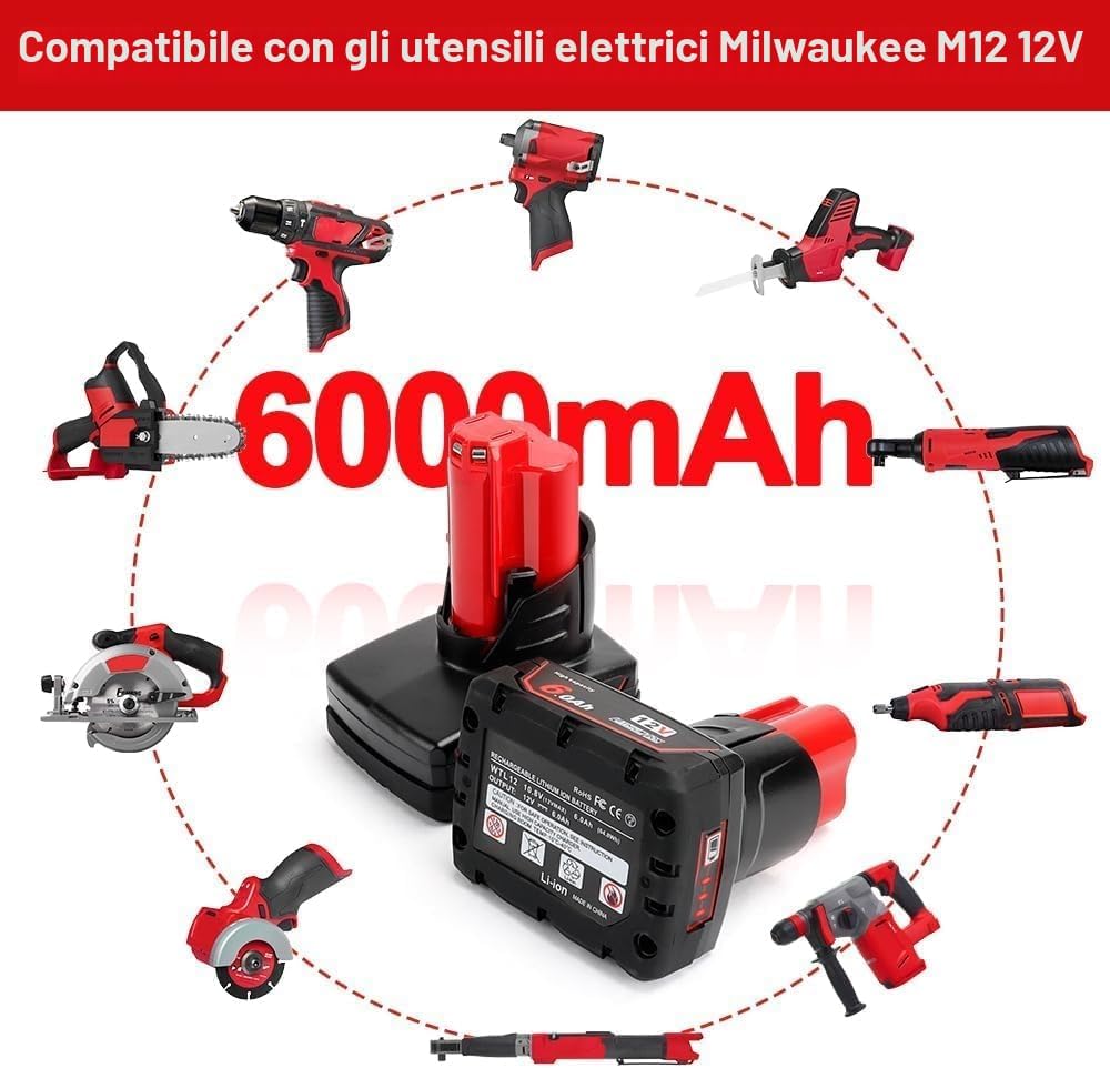 Detalle 2 de Powarobor M12B6 Batteria 12V 6,0Ah per utensili elettrici