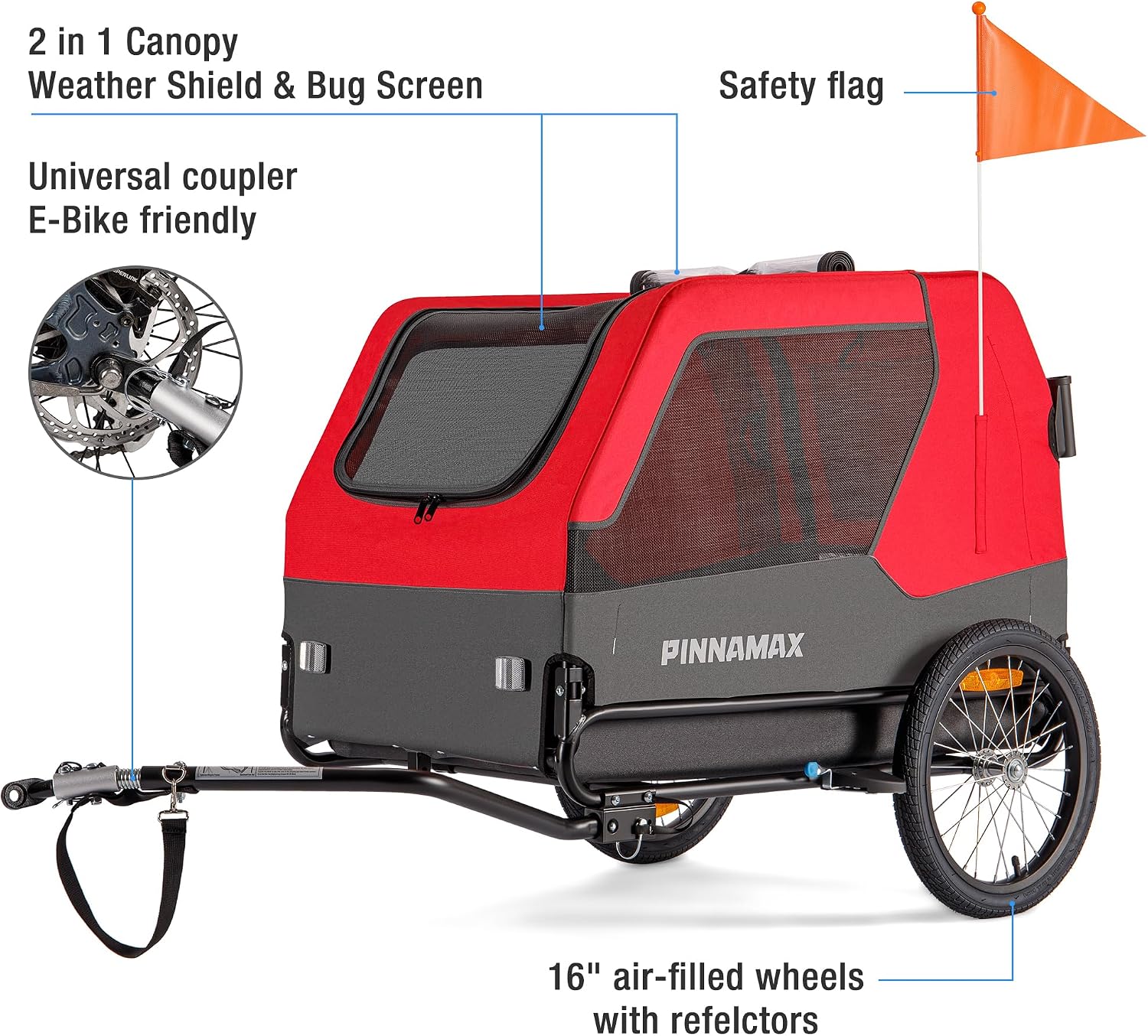Detalle de PINNAMAX Hundeanhänger für Fahrräder – 2-in-1 Haustierbuggy & Fahrradanhänger, belastbar bis 45 kg