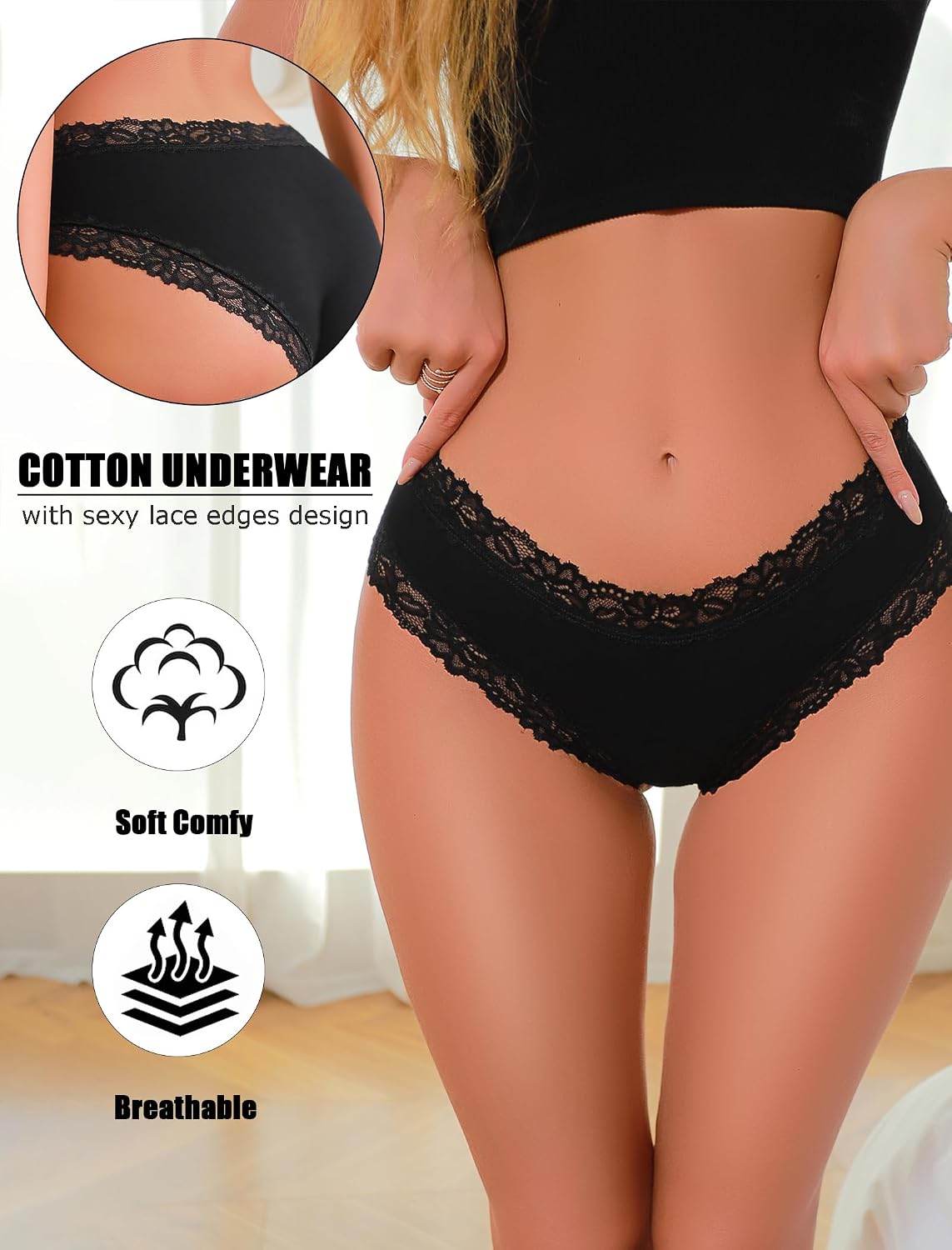 Detalle 2 de ALL OF SHE Cotton Bikini Cheeky Underwear, Stretch Cotton Lace, 6-Pack