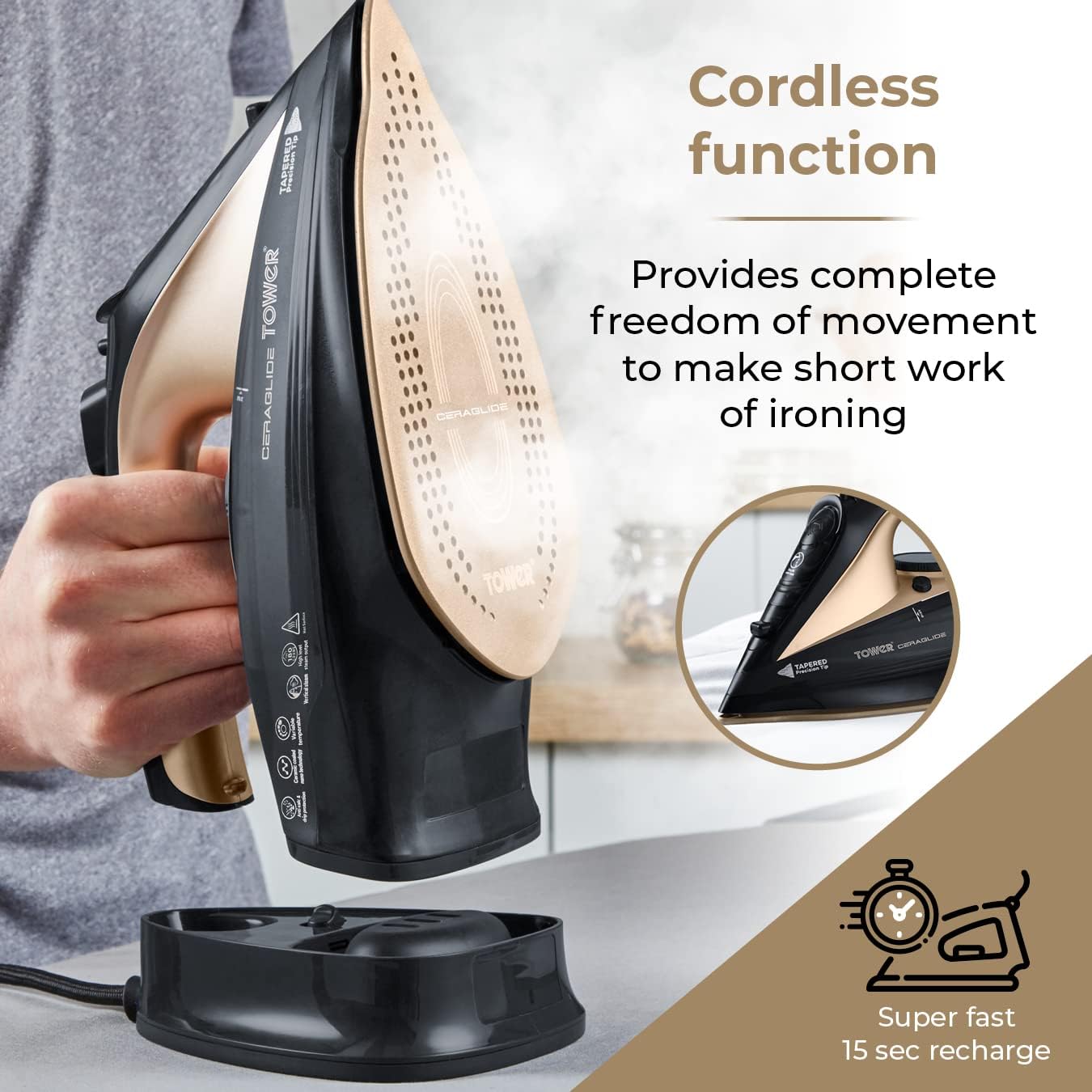 Detalle 2 de Tower T22008BKG CeraGlide cordless steam iron 🔌