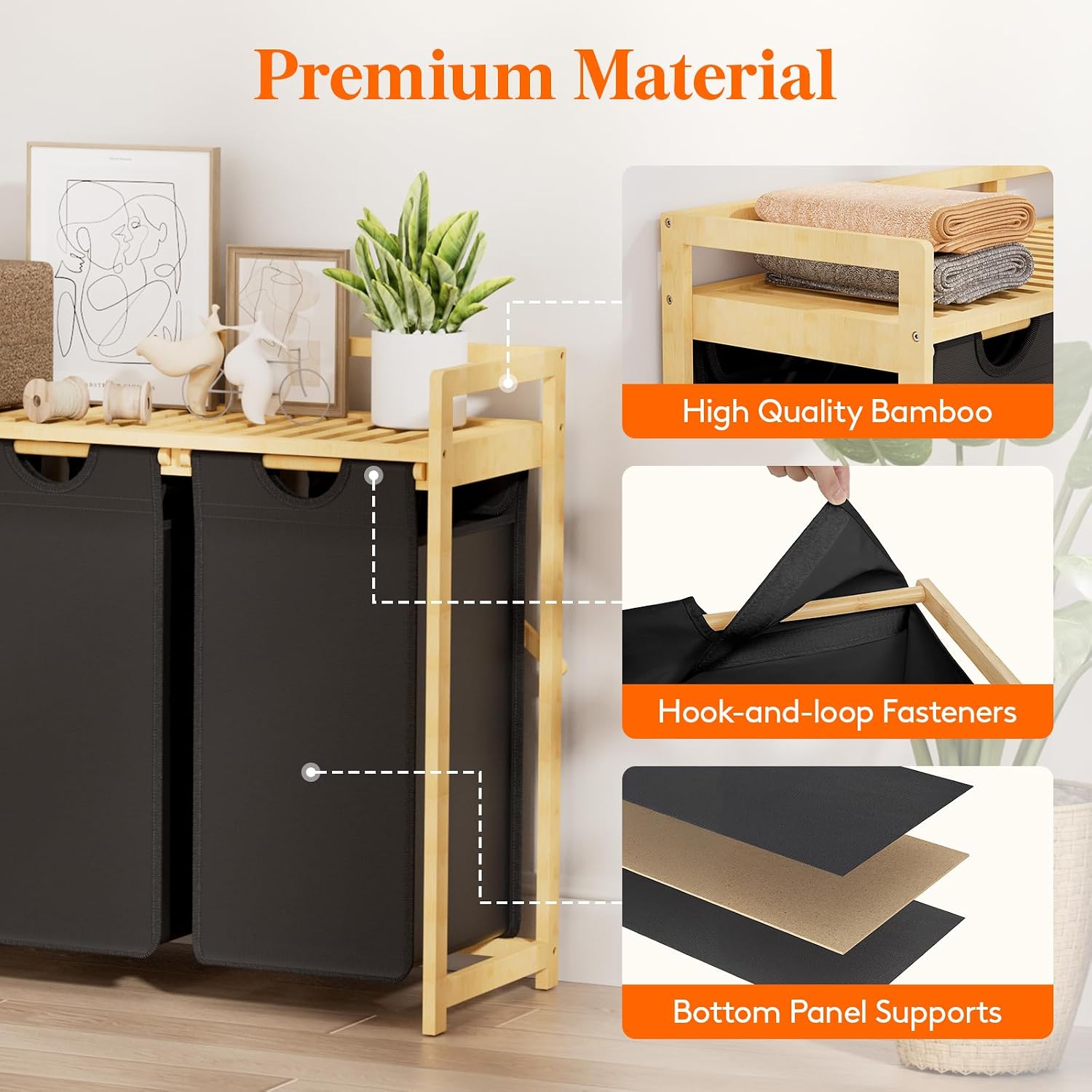 Detalle 1 de Lifewit 24229 Laundry Sorter with Bamboo Frame, 3 Compartments and Shelf