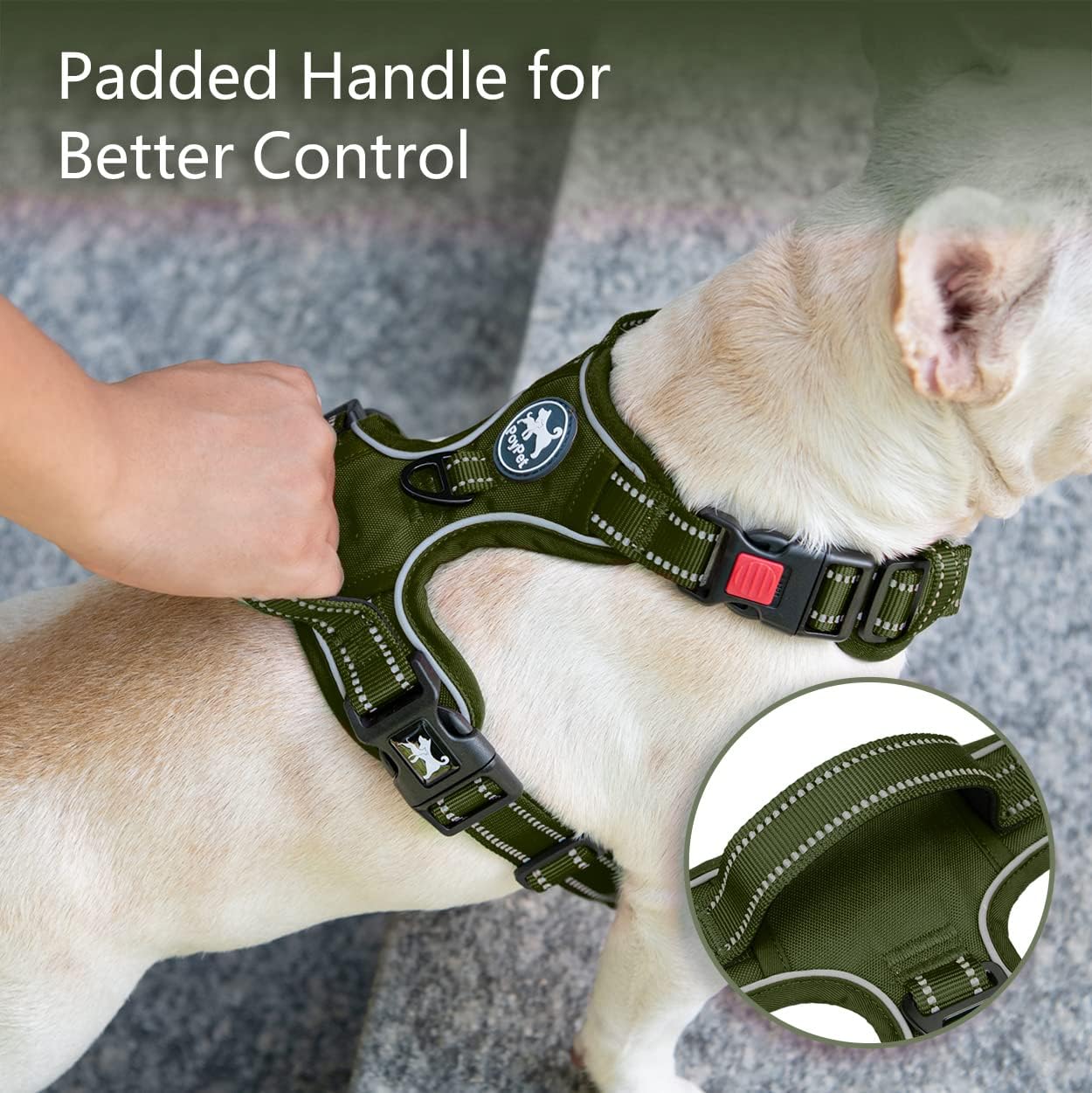 Detalle de PoyPet No Pull Dog Harness (Size S, Army Green) — Reflective, Soft Padded Vest with Easy Control Handle