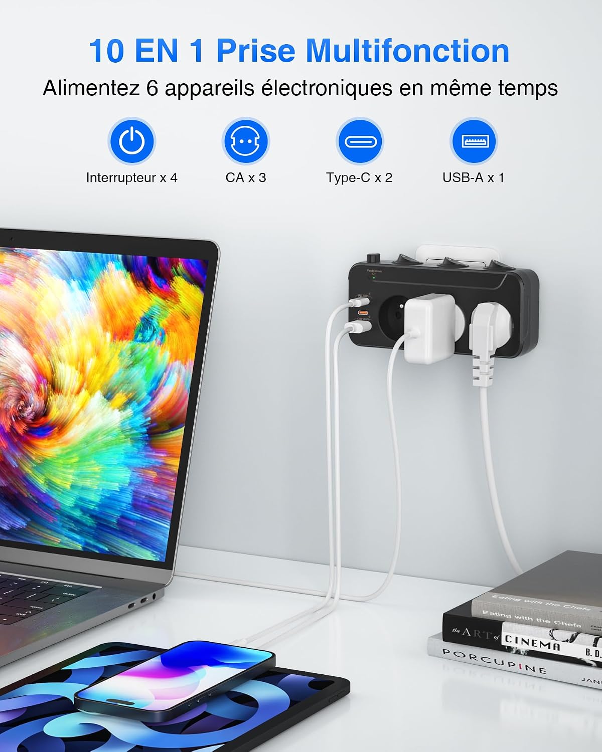 Detalle 2 de Multiprise 3 prises noire avec USB-C PD 20 W