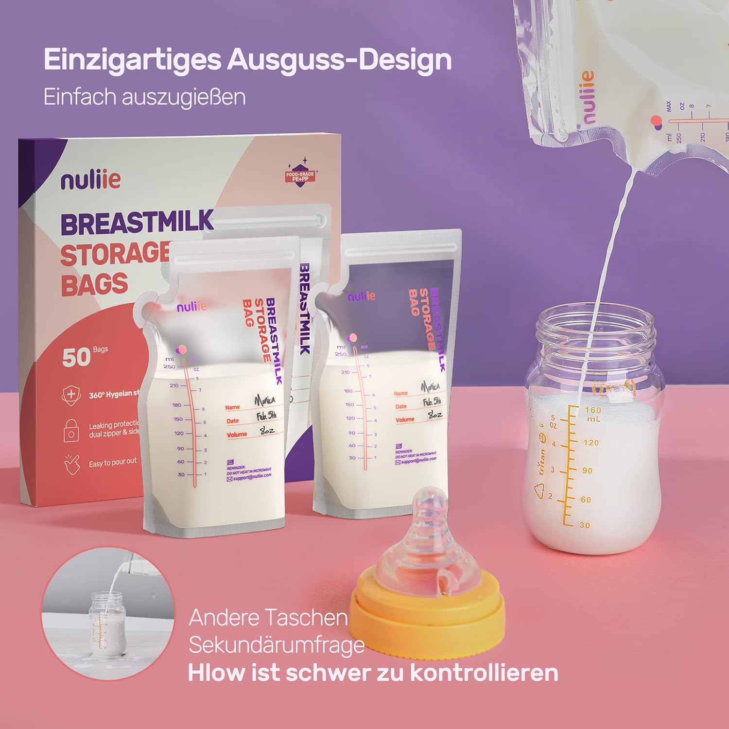 Thumbnail 2 de Nuliie Muttermilchbeutel 250 ml – 50 Stück, BPA-frei, Ausgießer, selbststehend, zum Einfrieren geeignet