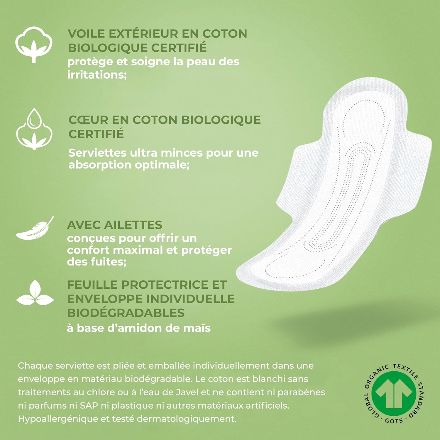Detalle de Organyc Serviettes Hygieniques Nuit avec Ailettes 100% Coton Bio Certifié — 40 unités