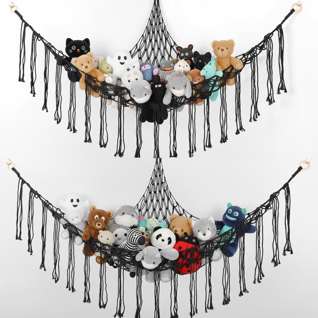 Detalle de Beler GW366 opbergnet voor knuffeldieren, 2-delig, zwart katoen