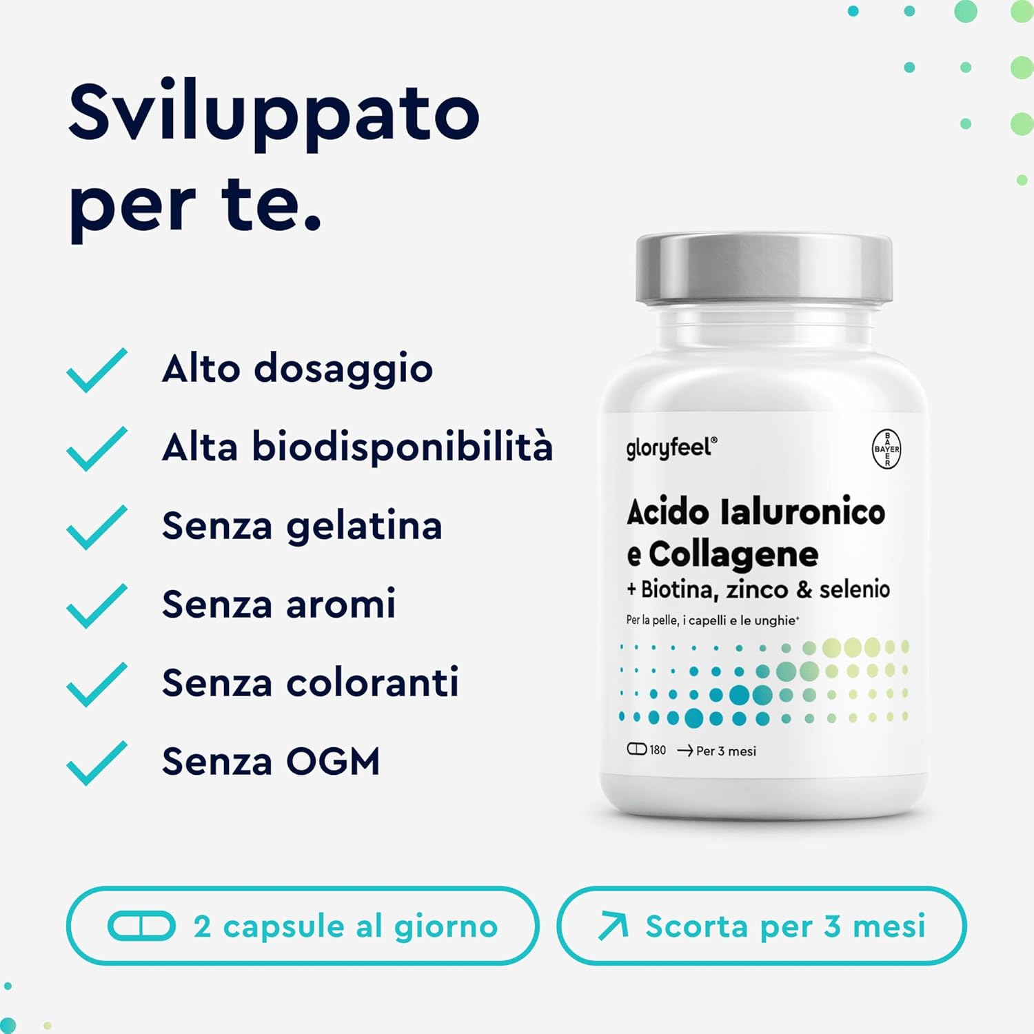 Thumbnail 4 de Collagene e Acido Ialuronico Integratore 180 Capsule – GloryFeel: collagene idrolizzato 1000 mg + acido ialuronico 200 mg, con Vitamina C, Biotina, Zinco e Selenio