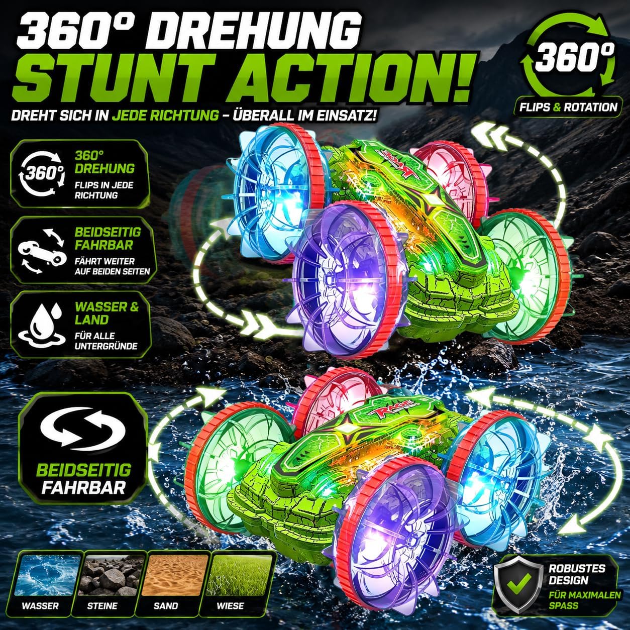 Detalle de Ferngesteuertes Amphibienfahrzeug: Outdoor-Fun für Kinder ab 6+ – Wasser & Land, 2×1200mAh Akkus, 360° Drehung