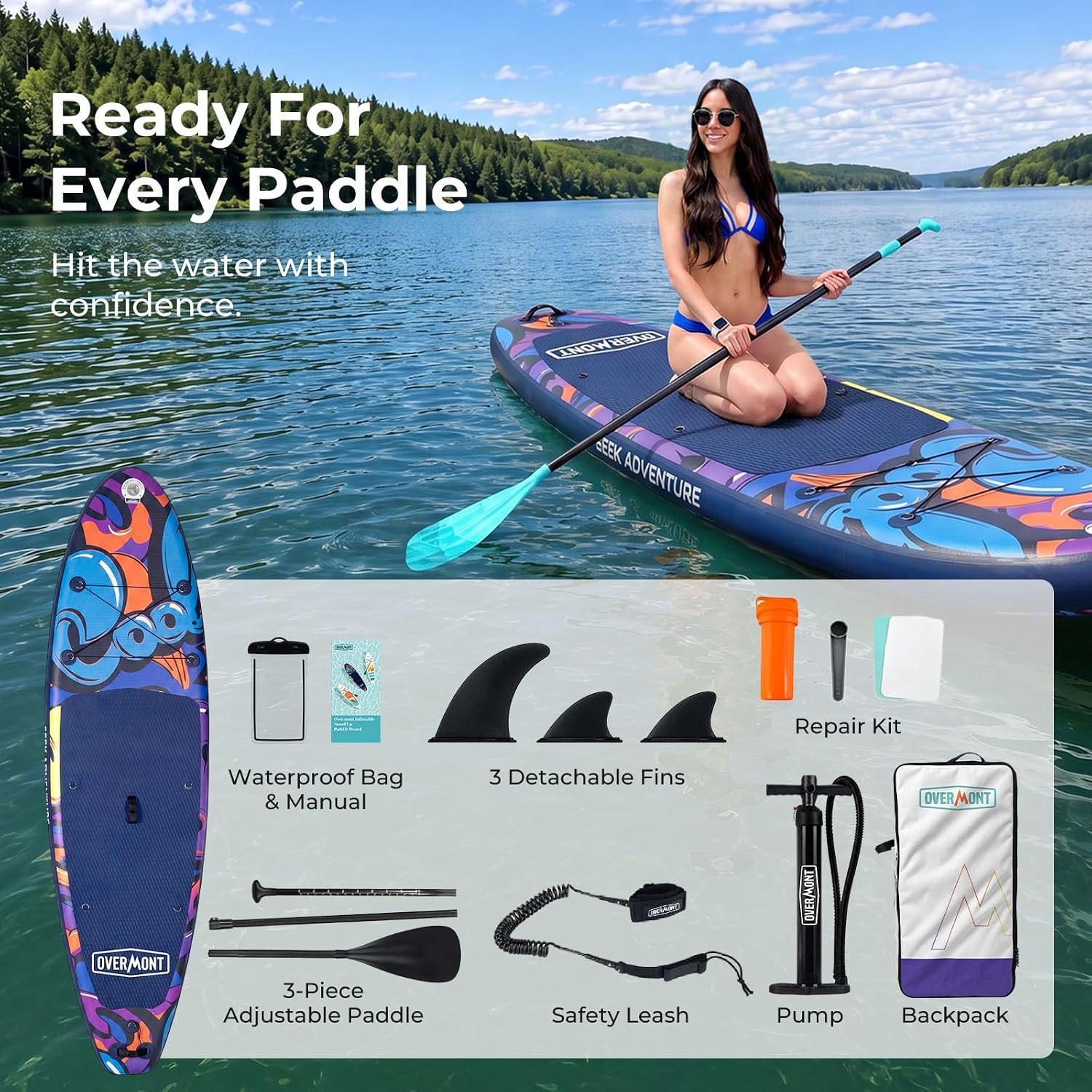Detalle de Overmont Planche Paddle Gonflable Adulte 323 × 84 × 15 cm – kit complet pour le SUP