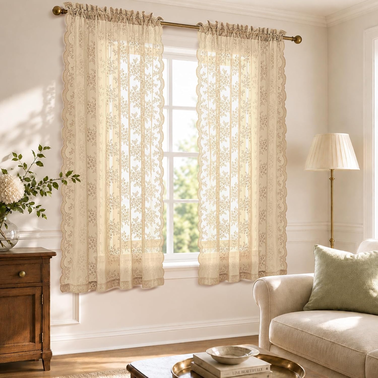 Detalle de AJAZZ Beige Floral Lace Curtains, Set of 2 Panels (52 x 63 in): 2-in-1 No-Drill Light Filtering Sheer Curtains with Scalloped Edge