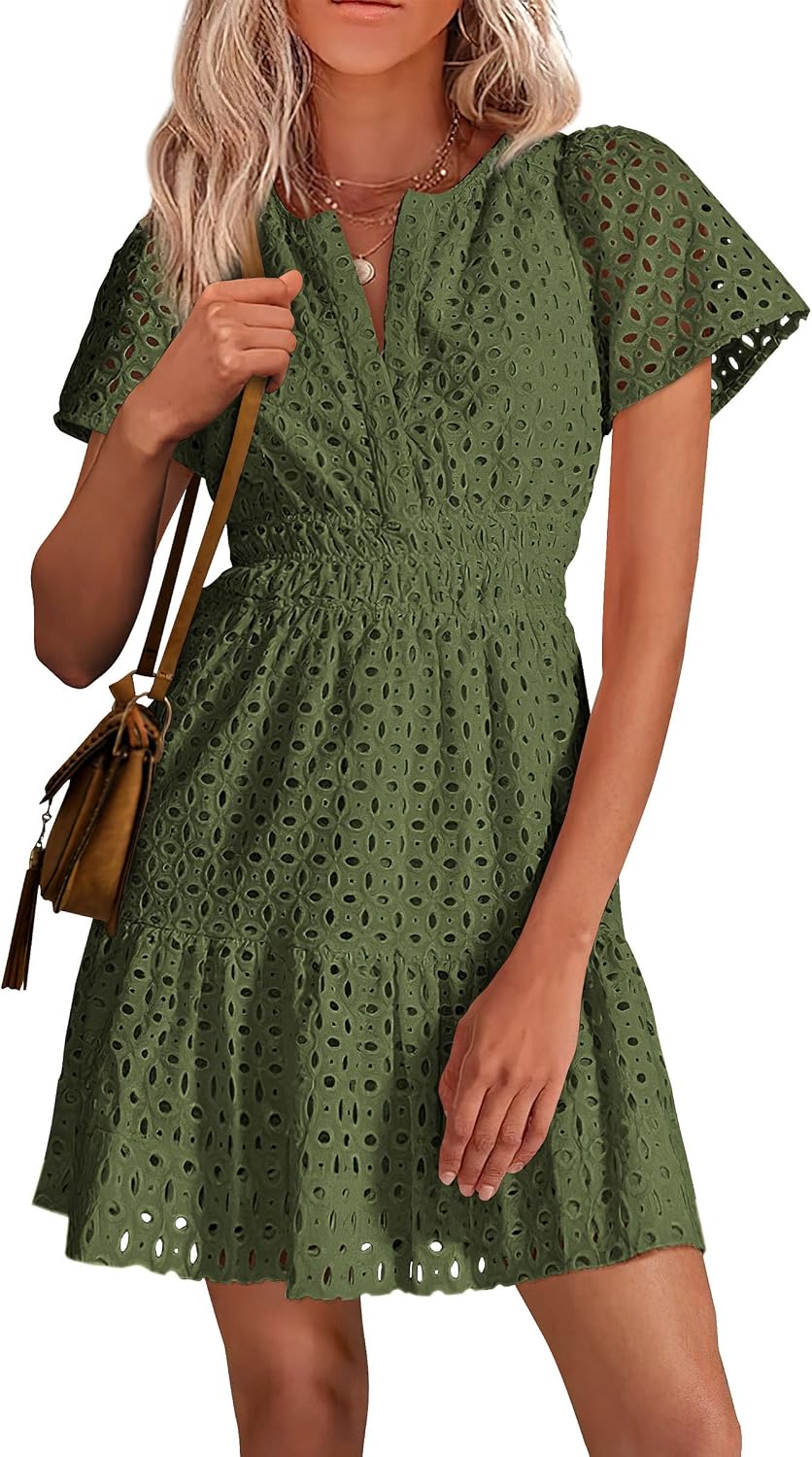 Detalle de PRETTYGARDEN Women’s 2026 Summer V-Neck A-Line Short Dress with Hollow-Out Lace