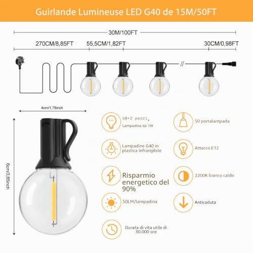 Detalle de Pogestrand Luci Da Esterno Giardino G40 30M LED Catena Luminosa Esterno
