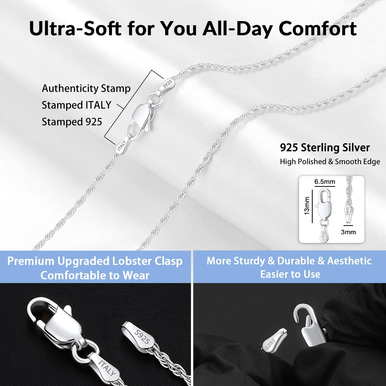 Detalle de Jewlpire Sterling Silver Chain Necklace, 925