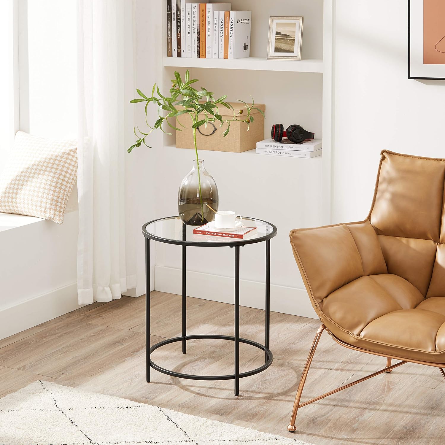 Detalle de VASAGLE BARIS LGT020B01 Round Side Table, Tempered Glass and Steel Frame