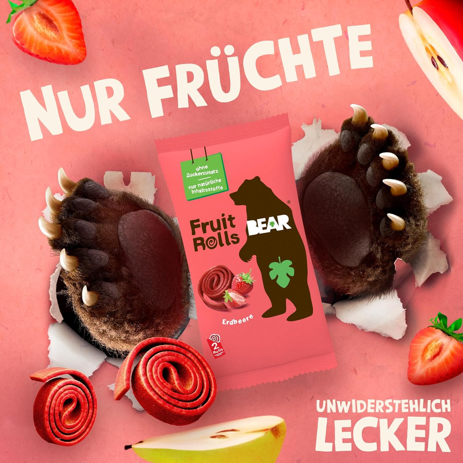 Detalle de BEAR Fruchtrollen Erdbeere – 100% Frucht, kein Zuckerzusatz, 18 Beutel à 20 g