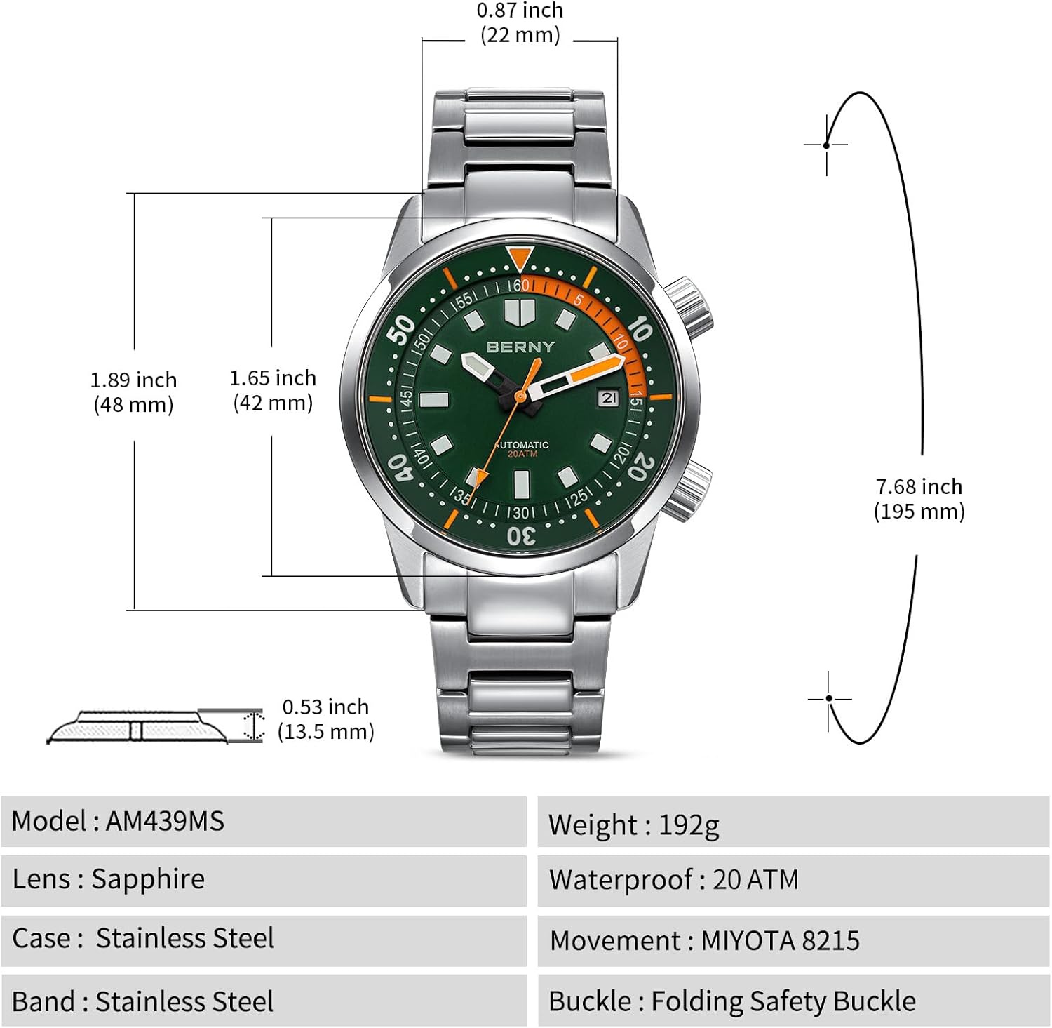 Thumbnail 6 de BERNY automatische Taucheruhr für Männer (20 ATM) mit Miyota 8215, Saphirglas und Leuchtzeigern