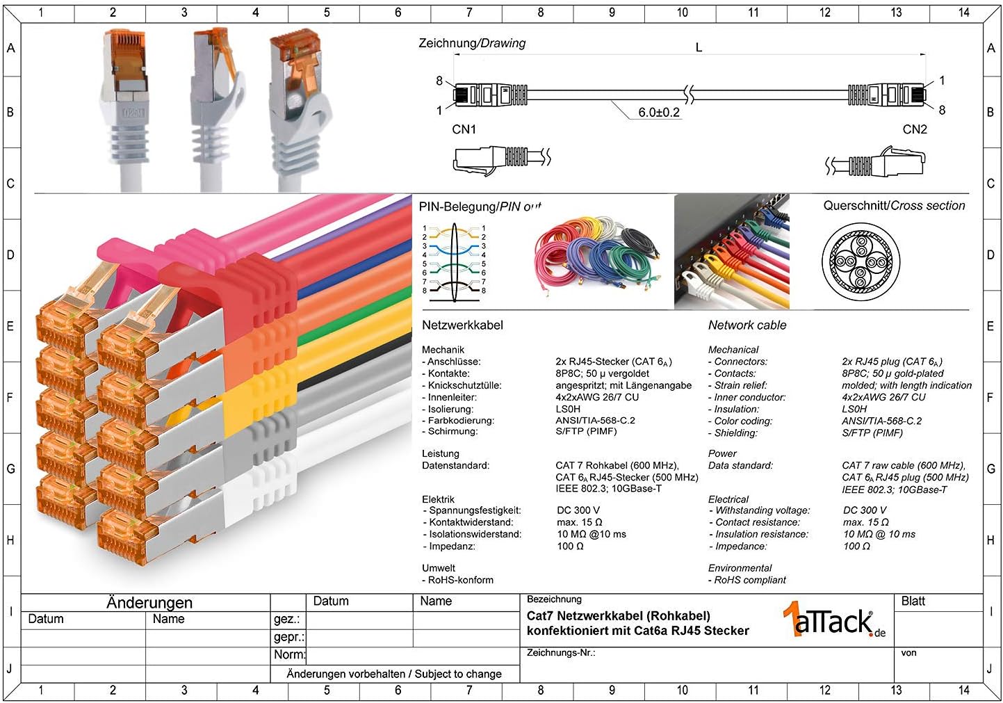 Thumbnail 1 de 1aTTack.de 0,25 m Cat.7 Netzwerkkabel (S/FTP, LSZH, 5er-Set in 5 Farben) – 5× RJ45 Patchkabel