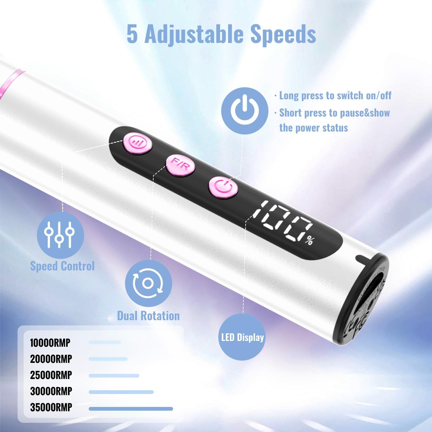 Detalle de Denabuty Fraise à ongles DN-2602S 13 en 1 – Lime électrique sans fil avec lampe UV/LED et station de charge