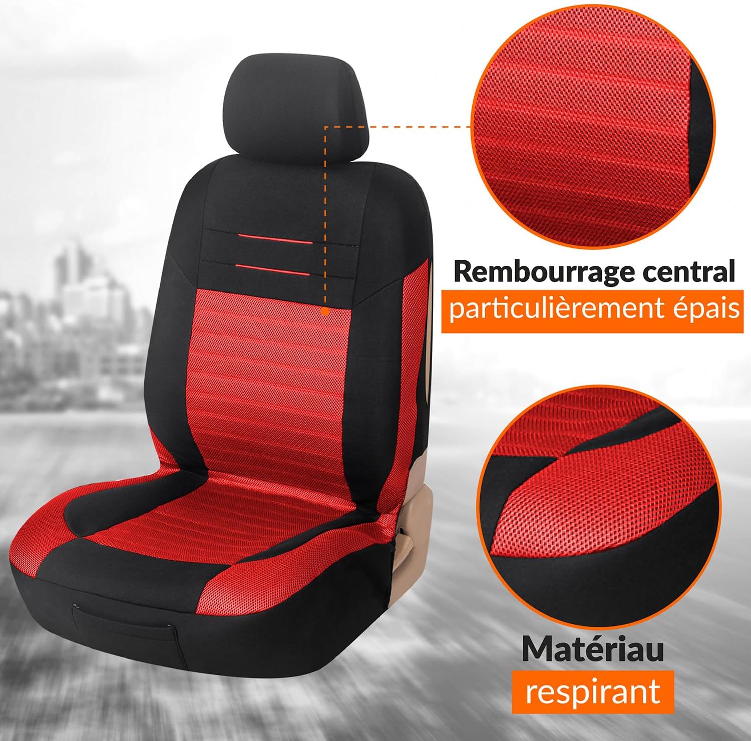Detalle de upgrade4cars Housse de siège voiture universelle noir et rouge (ensemble avant/arrière)