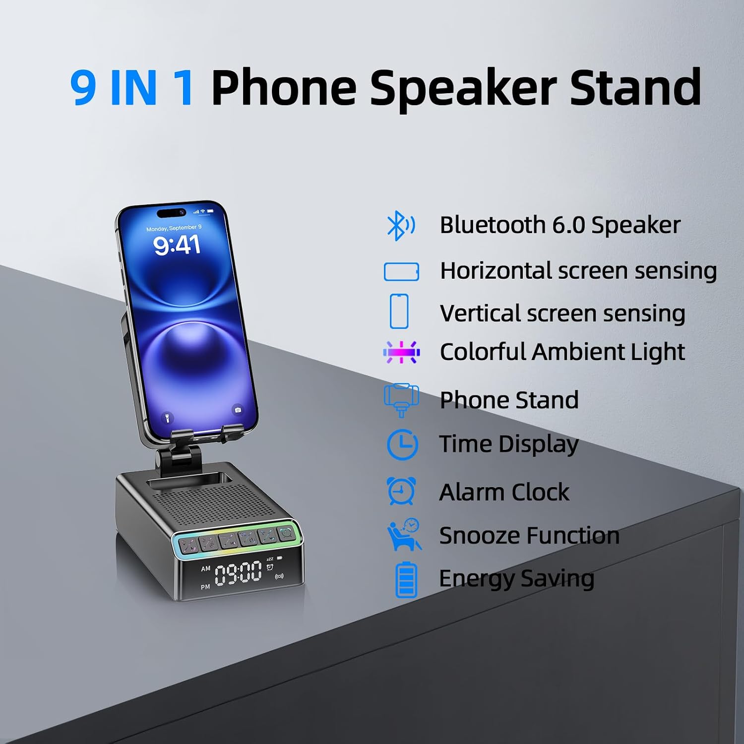 Thumbnail 2 de Bluetooth-Lautsprecher mit Handyhalterung 9-in-1 – Bluetooth 6.0, INDuktions Halterung, Wecker & RGB-Licht