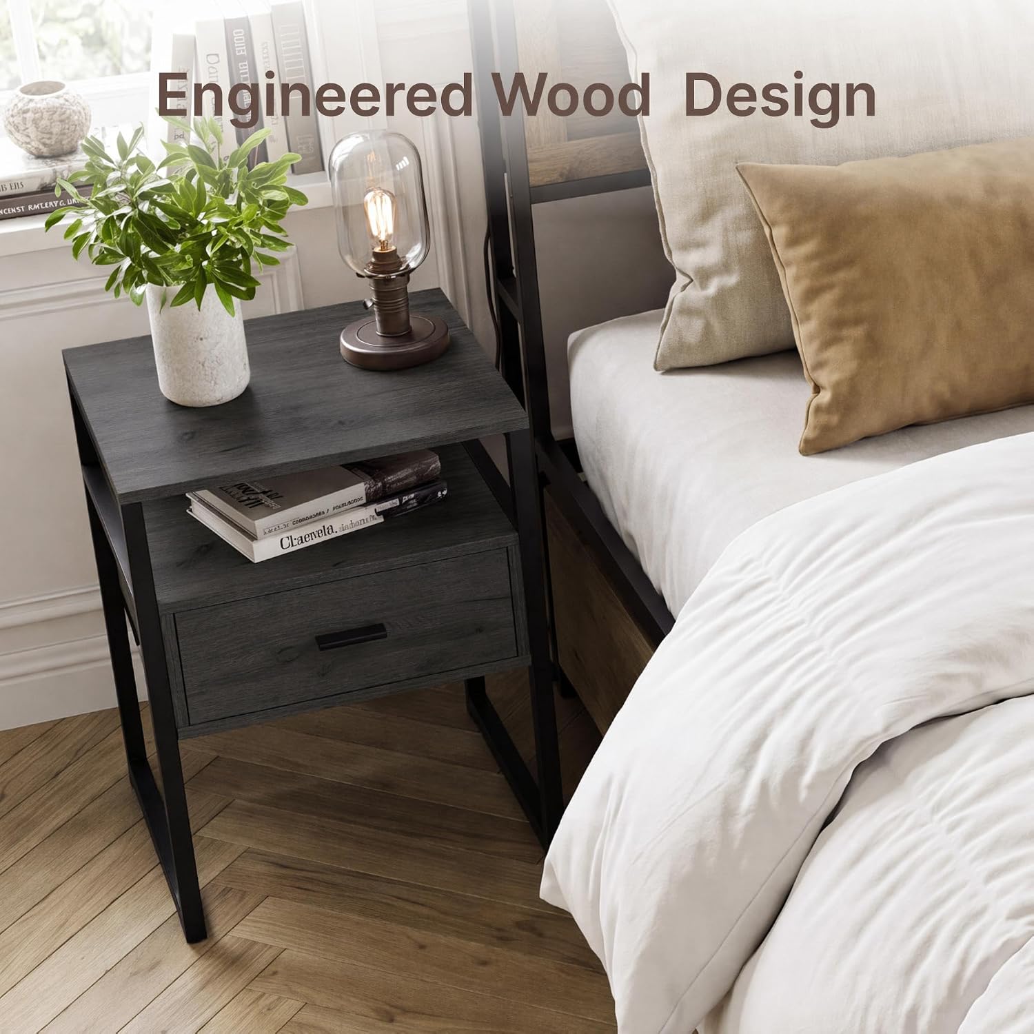 Detalle 1 de KISLOT K-KJW.TNS003 Nightstand Set of 2 with Drawer, Open Shelf, Gray