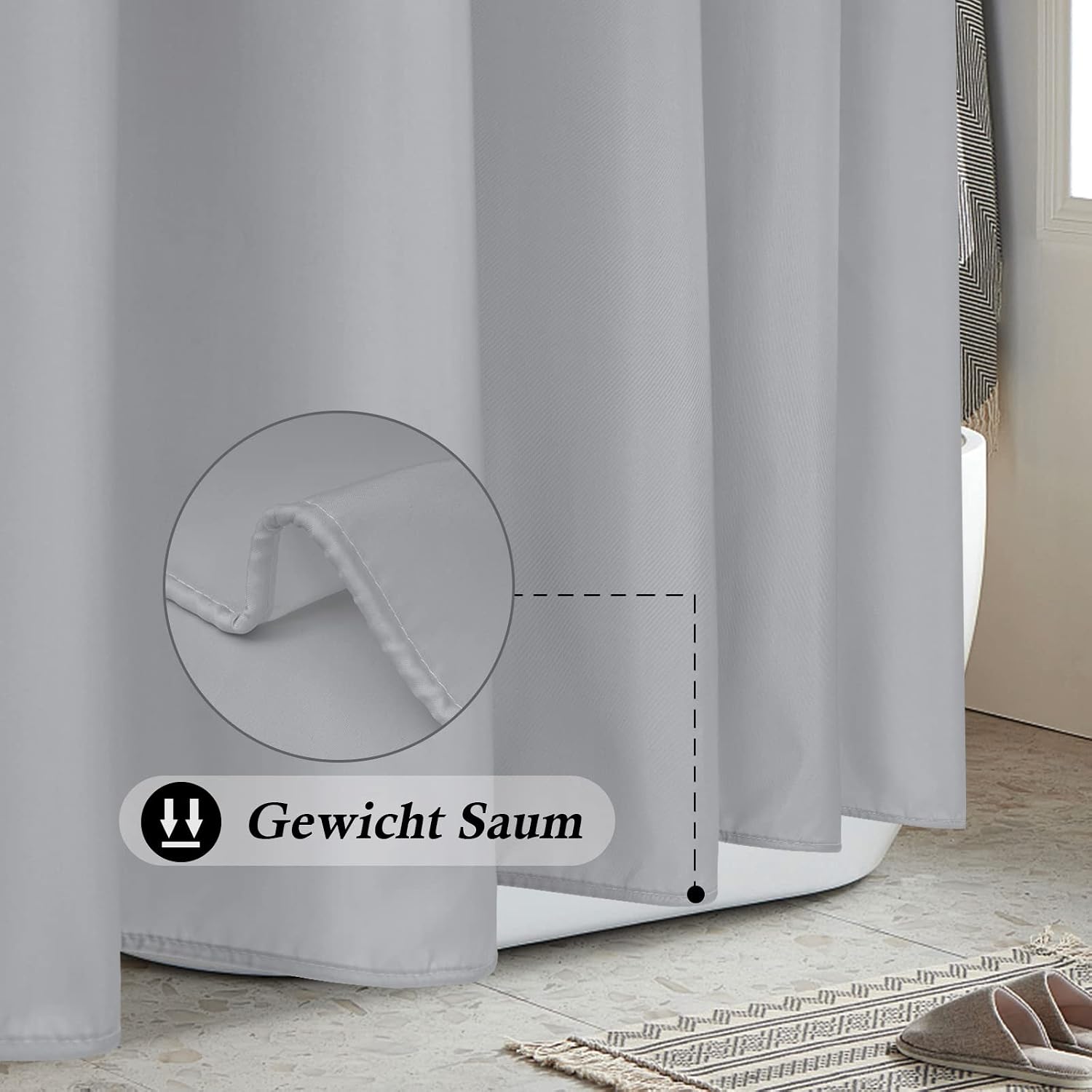 Detalle de Extra Breiter Duschvorhang 300x200 cm – Grau, wasserdichtes Polyester, 20 Ösen & 20 Haken