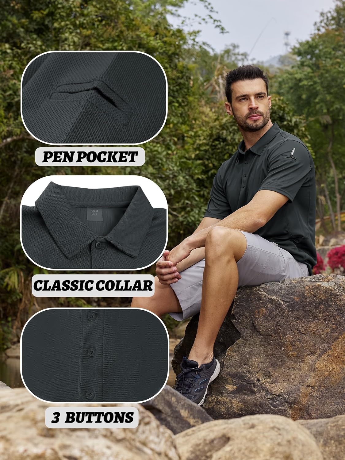 Thumbnail 3 de Polo homme KEFITEVD à séchage rapide en polyester piqué (manches courtes) pour activités d’été