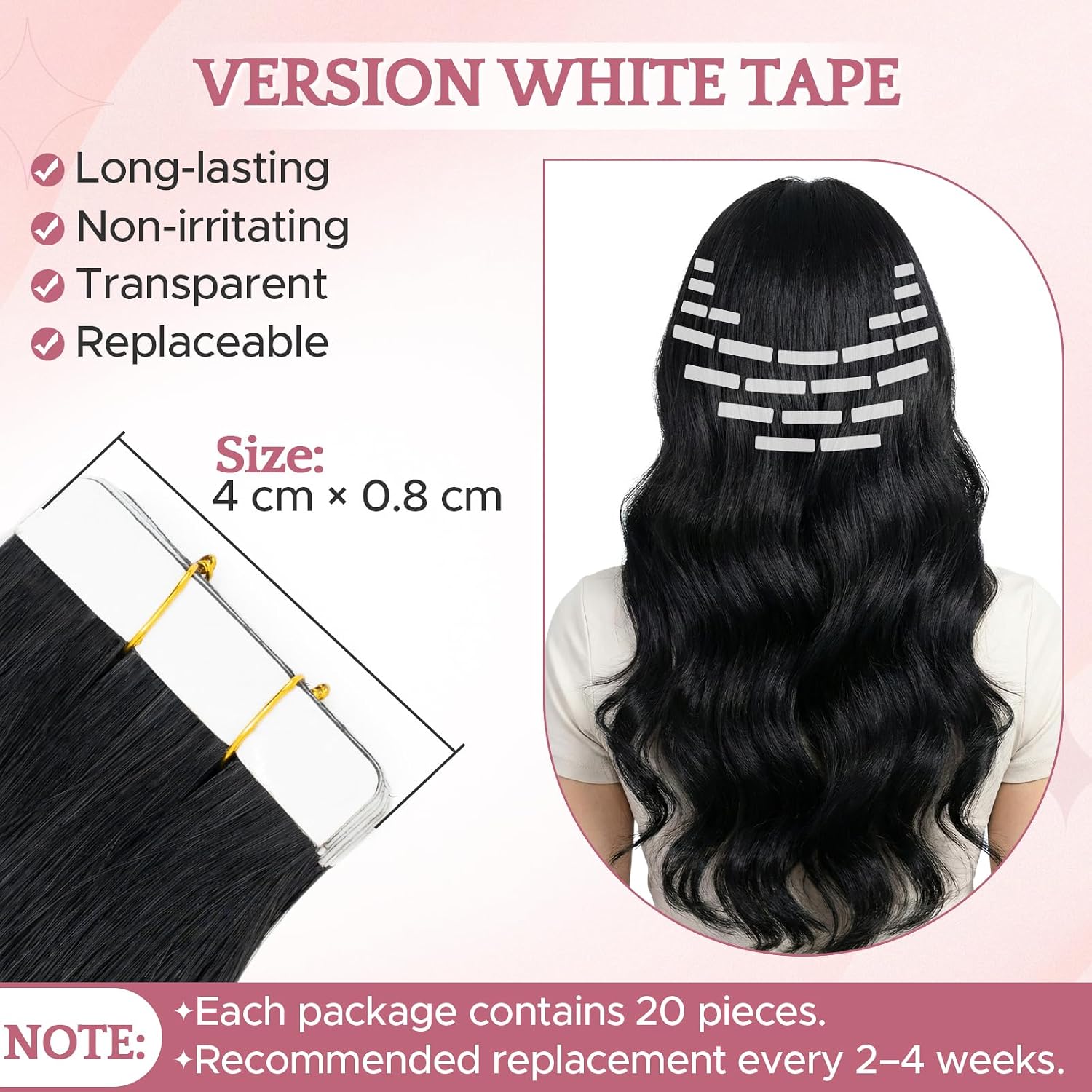 Detalle de SEGO Extensions Cheveux Naturel Adhésives Lisses et Légères – 20 Pièces, Bande Adhésive Blanche, 40 cm