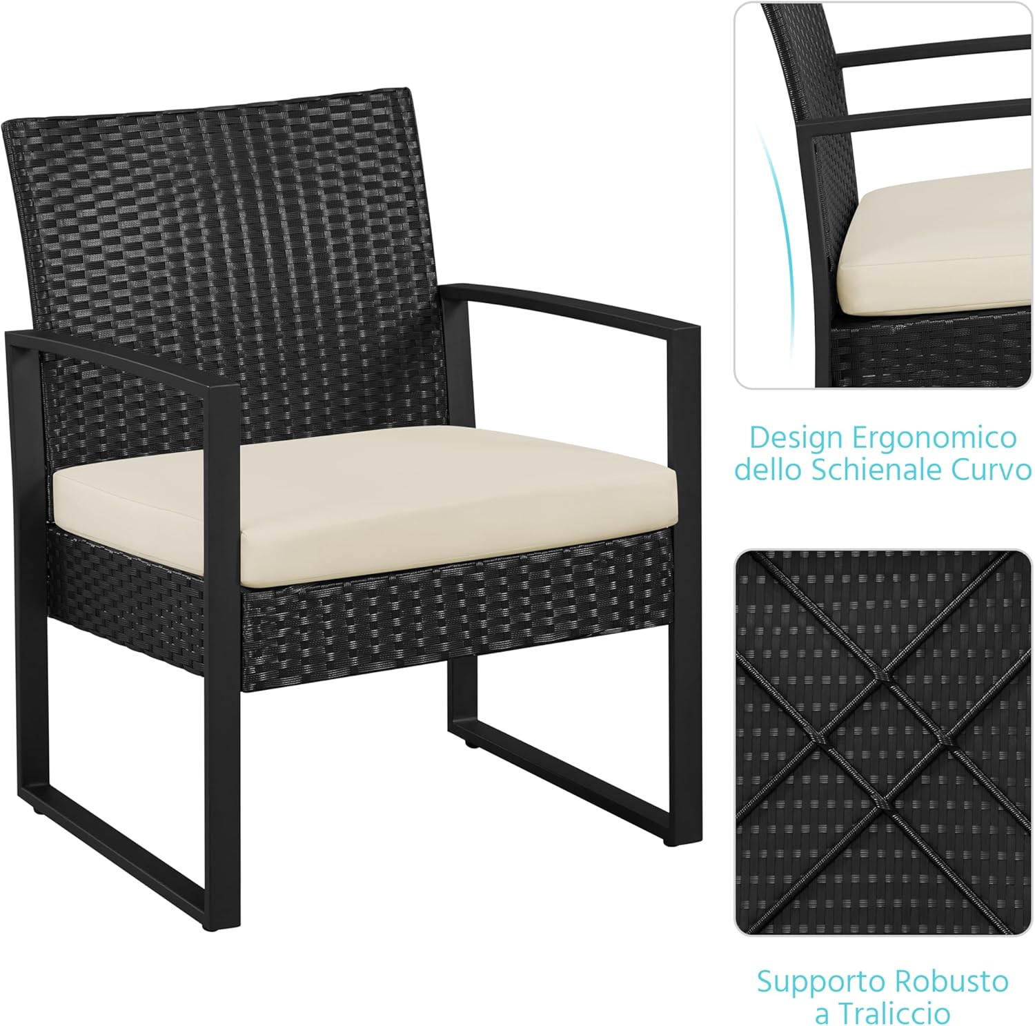 Thumbnail 6 de Yaheetech Set mobili da giardino in poly rattan con 2 sedie e tavolino da balcone, con cuscini (interno nero/beige)