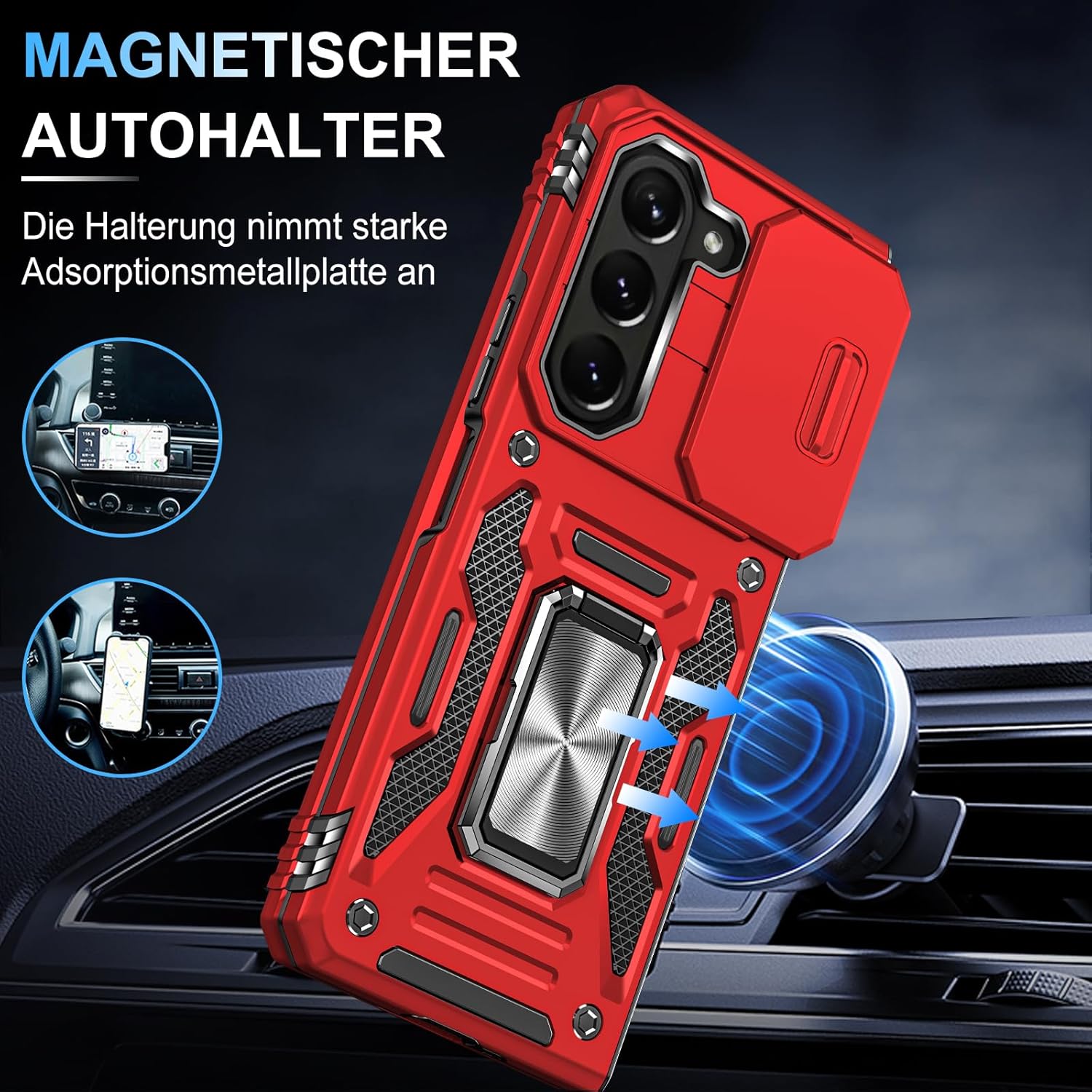 Thumbnail 2 de Handyhülle für Samsung Galaxy Z Fold 5 mit Slide-Kamera und 360° Metallring-Ständer (Rot)