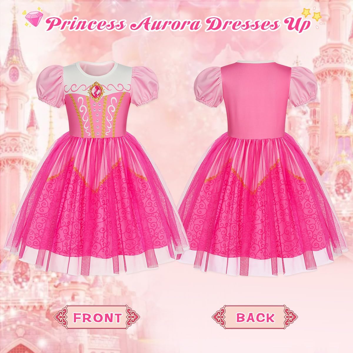 Detalle de Benylion Princess Dress for Girls, Tulle Skirt, Puff Sleeves and Printed Details
