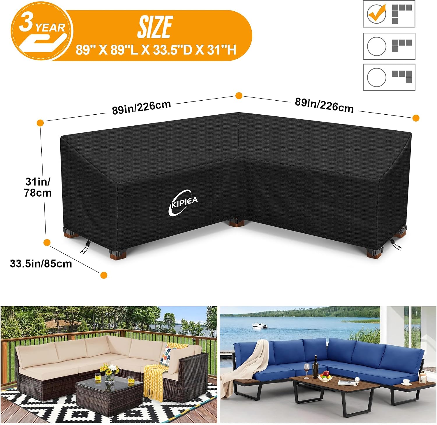 Detalle 2 de Kipiea 226x226x85x78cm V-Shaped Sectional Sofa Cover, 420D Oxford