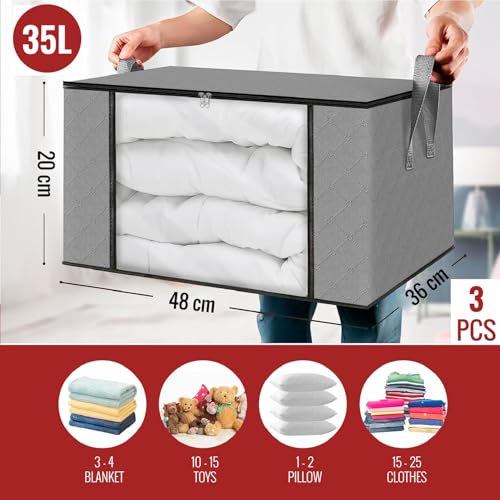 Detalle de edihome | Cajas de Almacenaje para Ropa con Asas Reforzadas (Pack de 3) - Gris Claro