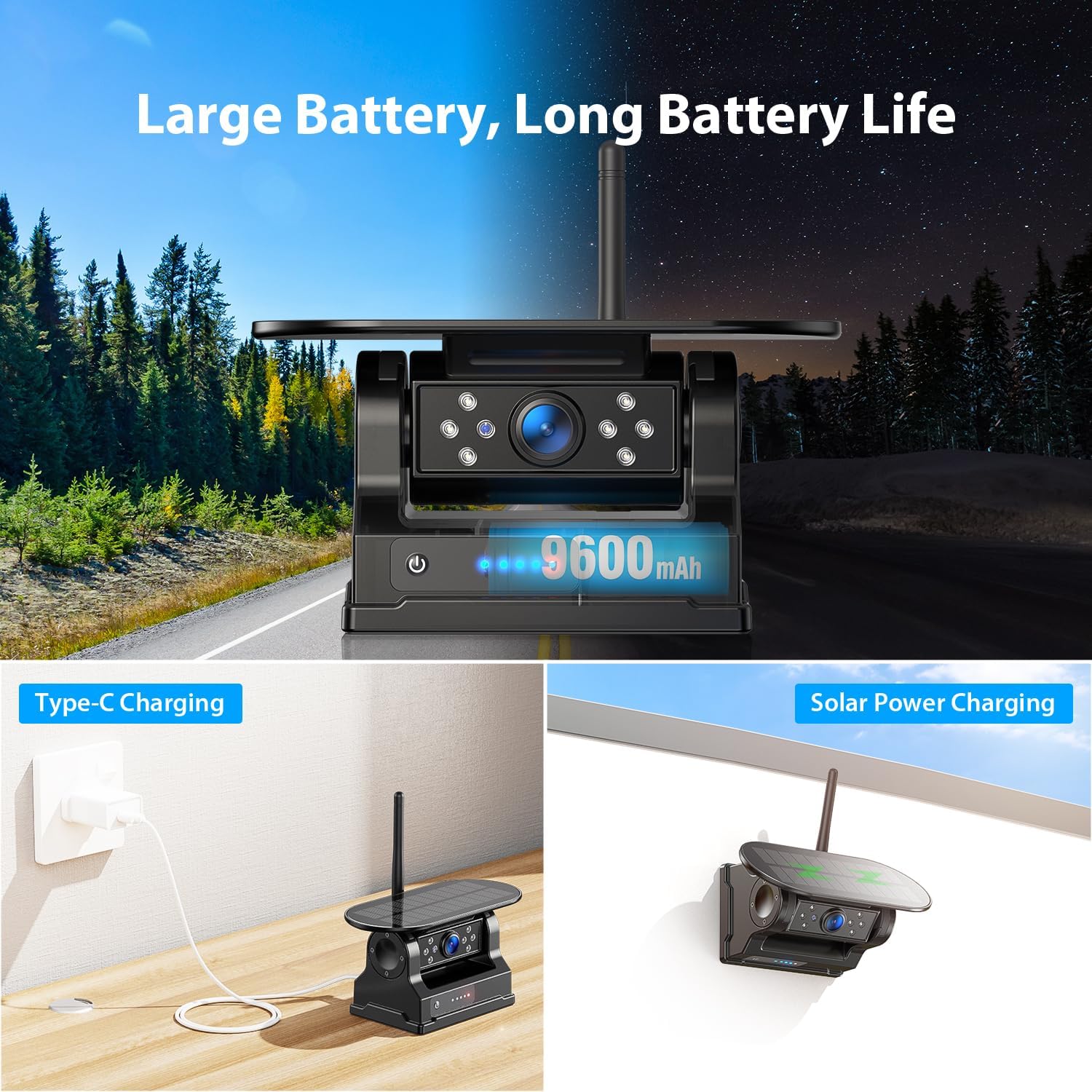 Detalle de Solar Powered Wireless Reversing Camera Kit 7" 1080P Touchscreen Monitor with DVR, BSD & IR Night Vision