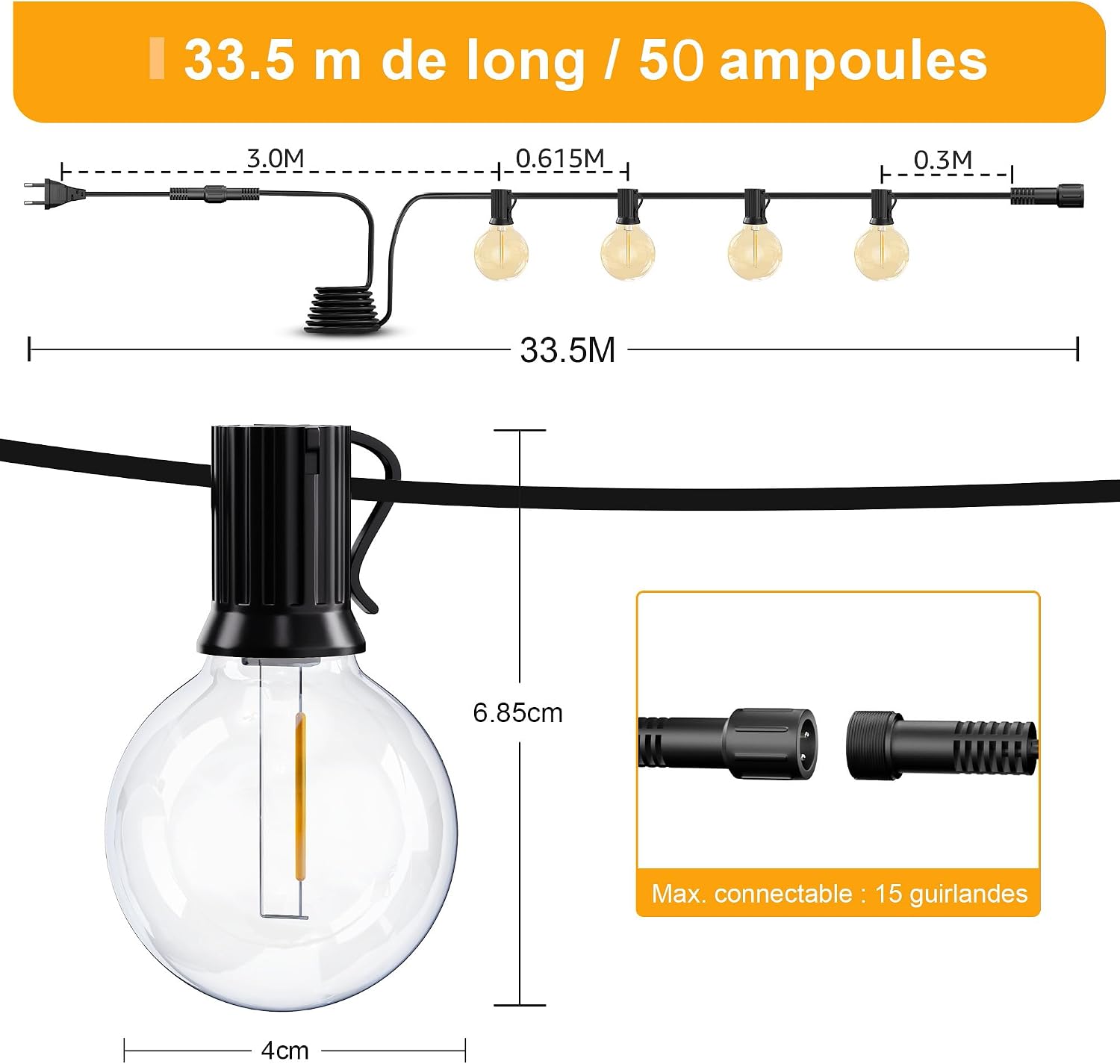 Detalle 2 de Guirlande Lumineuse Guinguette Exterieur 33,5 m (G40) par Torkase – 52 LED, IP54, câble secteur, ambiance chaleureuse