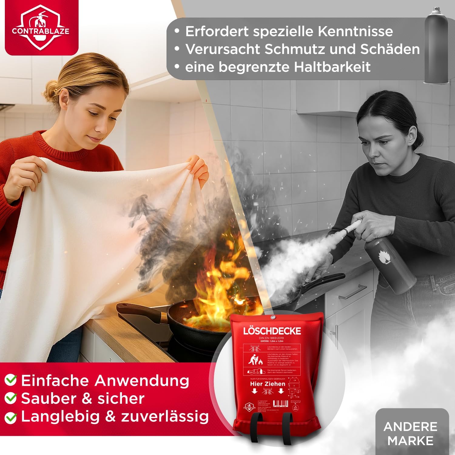 Thumbnail 5 de Contrablaze Feuerlöschdecke im 2er-Set (1x1 m) – Brandschutzdecke für Küche, Haushalt & Auto, EN-zertifiziert