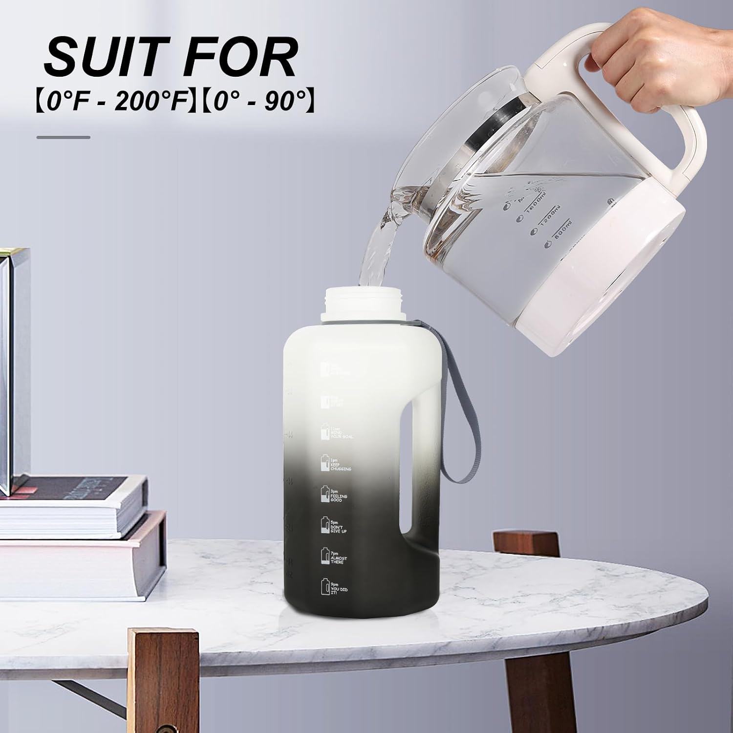 Detalle 2 de GEMFUL 2,2 l Sport-Wasserflasche mit Griff – BPA-frei, mit Zeitmarkierung (Schwarz/Weiß)