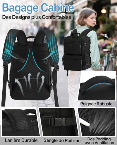 Detalle de LYNXCHER Sac à Dos Voyage Cabine 40x20x25 cm – 20 L, 14'' PC, Noir (S)