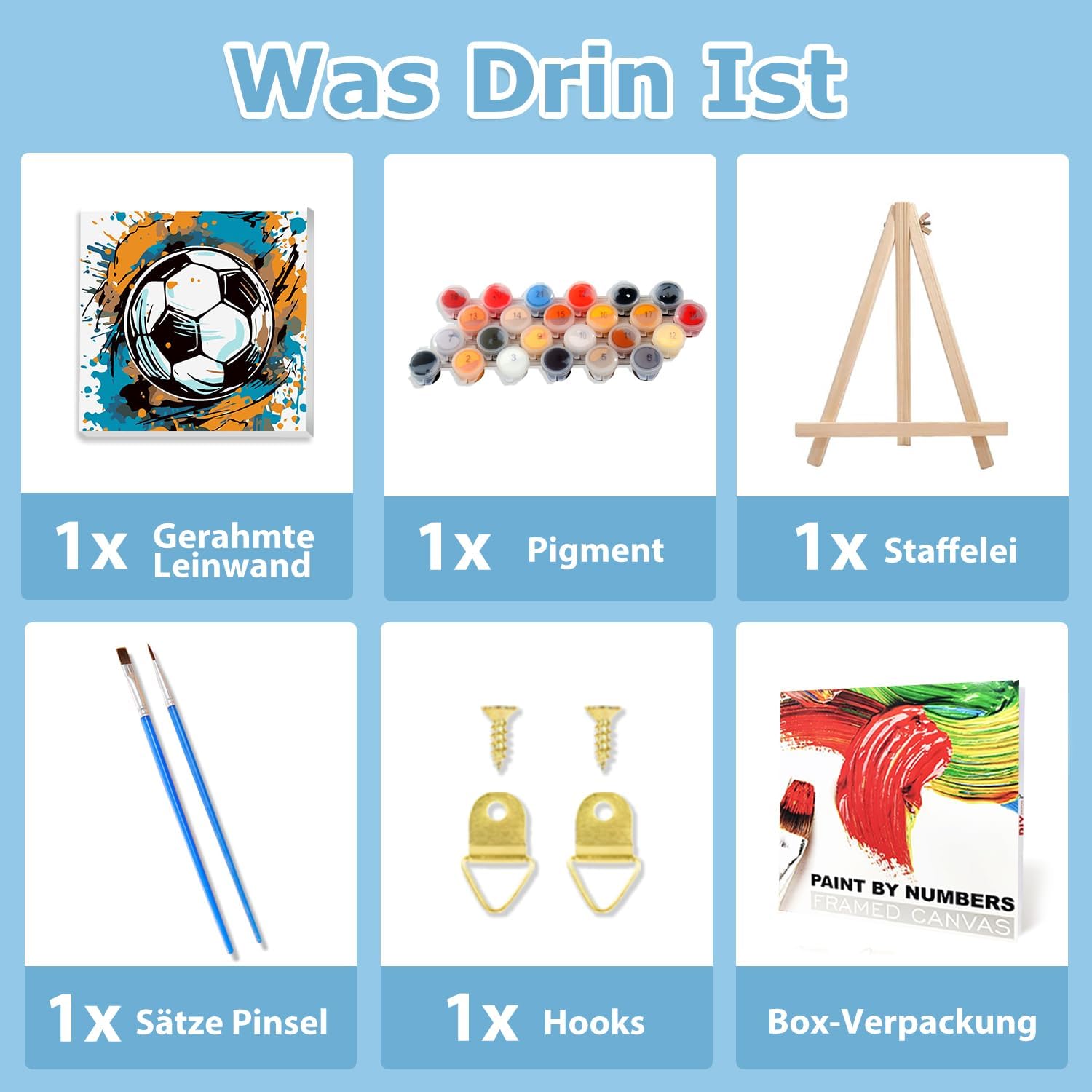 Detalle de Daisen Art Fußball Malen nach Zahlen mit Rahmen – 20x20 cm, inkl. Geschenkbox, Leinwand, Farben und Pinsel