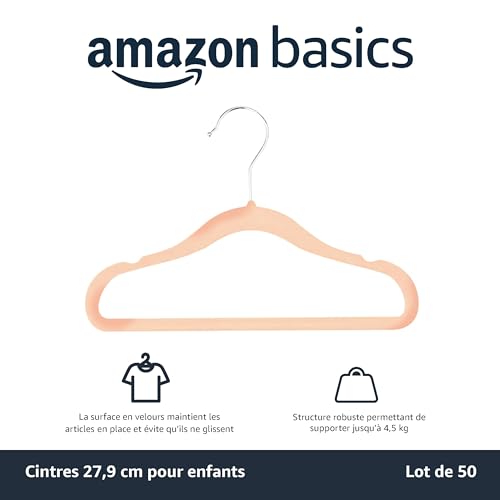 Detalle de Amazon Basics Cintres Antidérapants en Velours pour Enfants et Bébés — Lot de 50, Rose Poudré, 29,5 cm