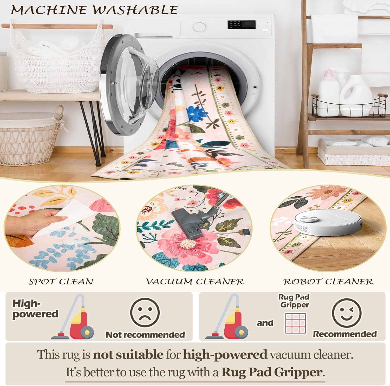 Detalle de RELEANY Floral 5x7 Area Rug — Machine Washable, Soft Print Boho Carpet