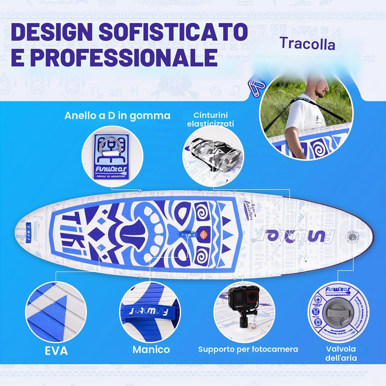 Detalle de FunWater Tavola Gonfiabile con Pinne e Guinzaglio: telaio robusto per SUP accessibile a tutti