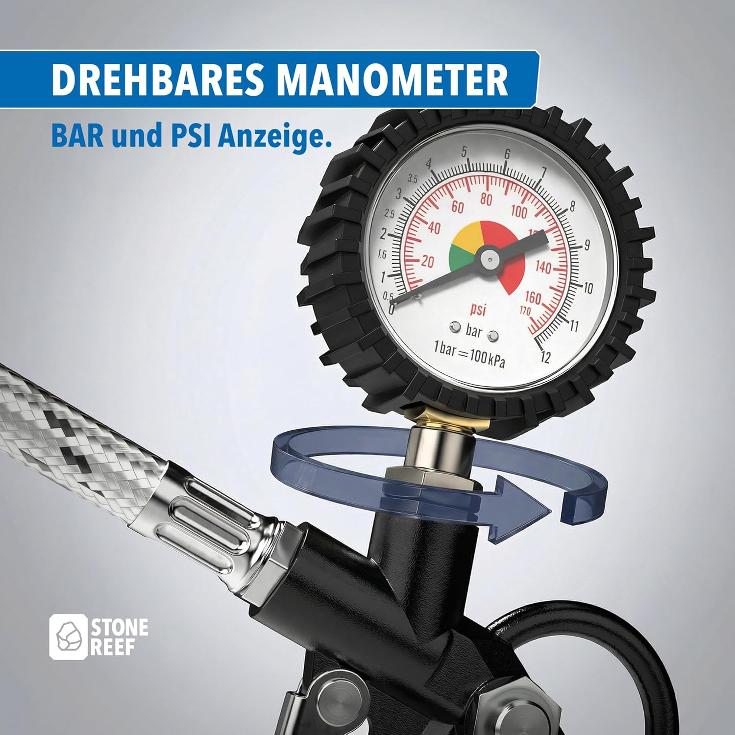 Thumbnail 2 de Reifenfüller mit drehbarem Manometer (inkl. Adapter & Ersatzkappen) – Reifendruckfüller für Kompressor, Auto und Fahrrad