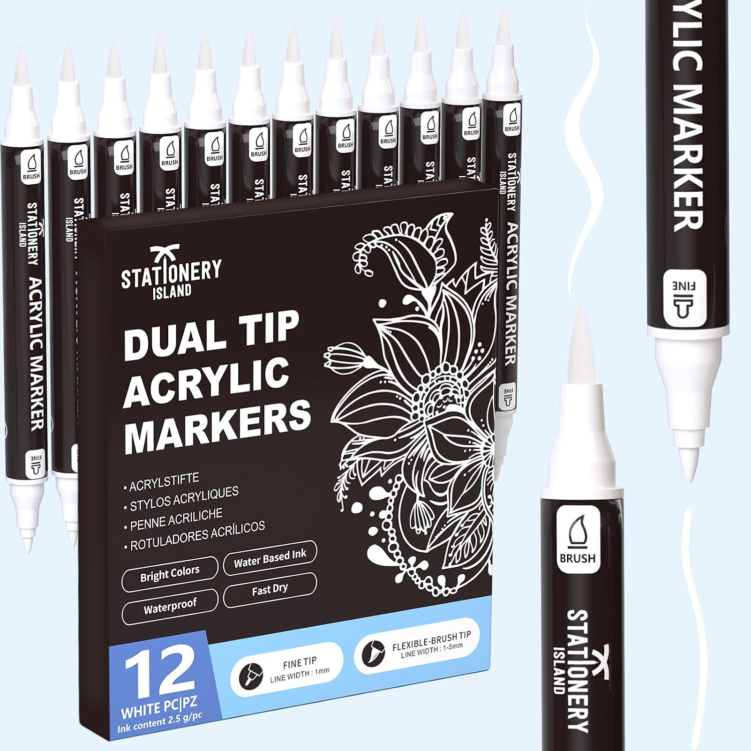 Detalle de STATIONERY ISLAND Acrylstifte Weiß – 12er Doppelseiten-Acrylmarker, wasserbasierte Tinte