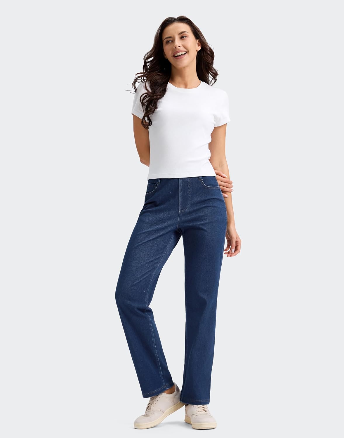 Detalle de Rammus Women's Pull-On Straight-Leg Jeans, High-Waisted Stretch Denim with 5 Pockets