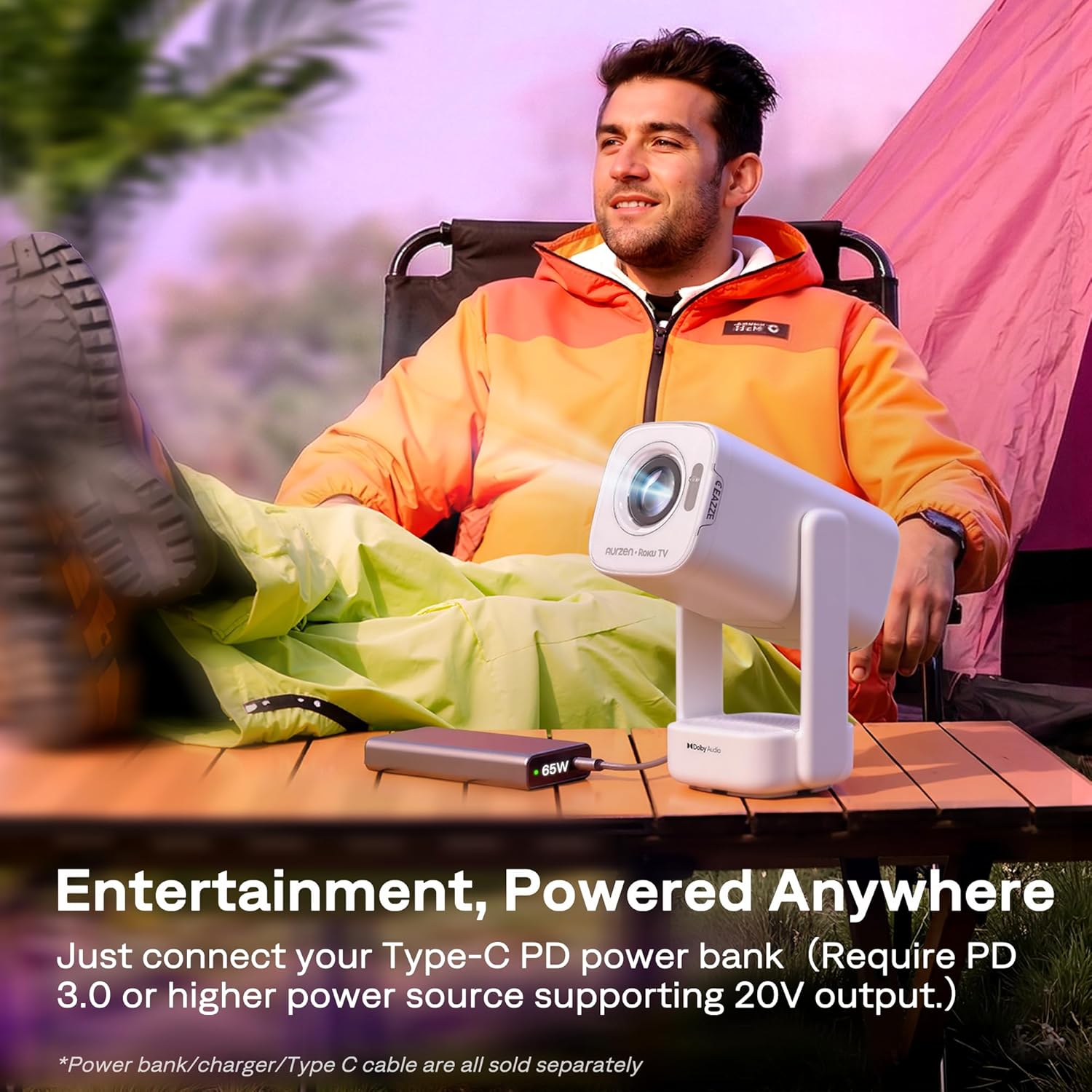 Detalle 2 de Aurzen Roku TV USB-C Powered Smart Portable Projector with Wifi & Bluetooth (D1R air Built-in Roku TV, Native 1080P)