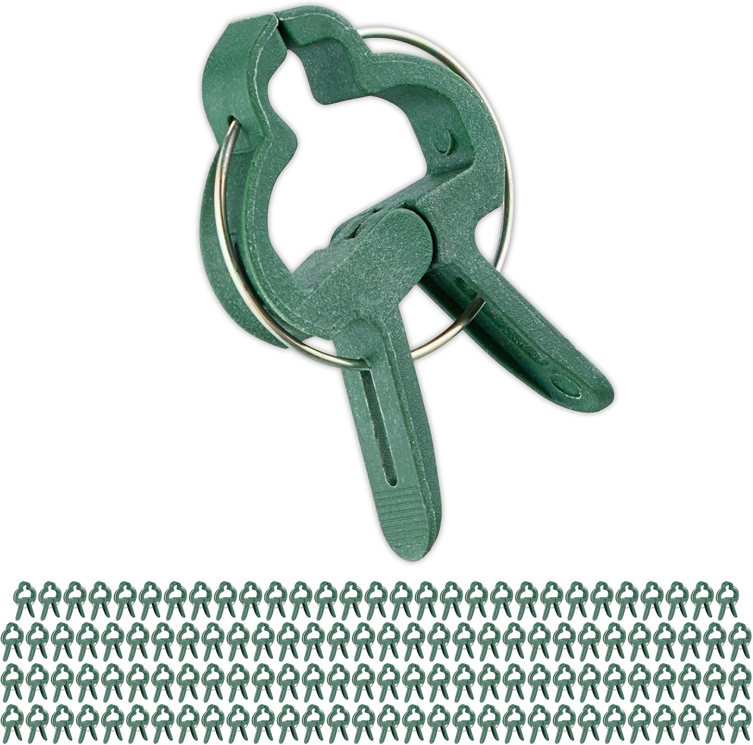Detalle de Relaxdays växtklämmor, 120-pack, 3 × 4 cm, gröna med spännfjädrar